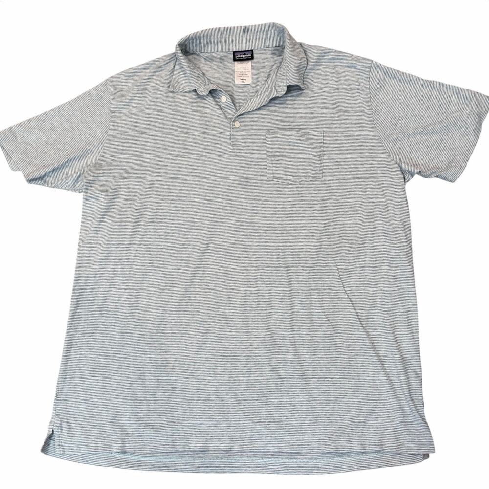 Patagonia Organic Cotton Short Sleeve Blue & Gray Striped Polo Pocket XXL 52776